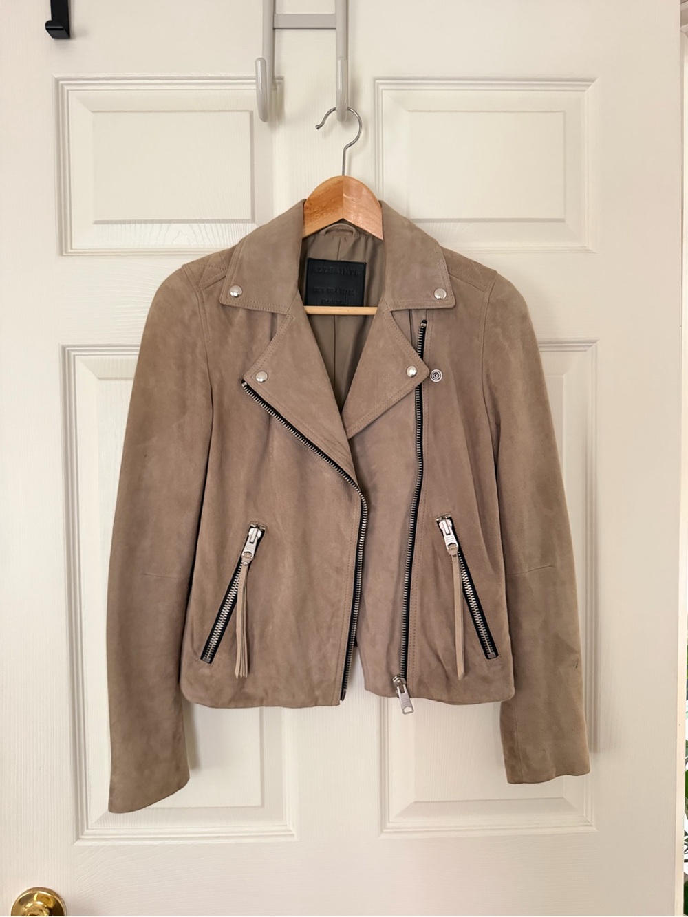All Saints Taupe Suede Asymmetrical Moto Jacket